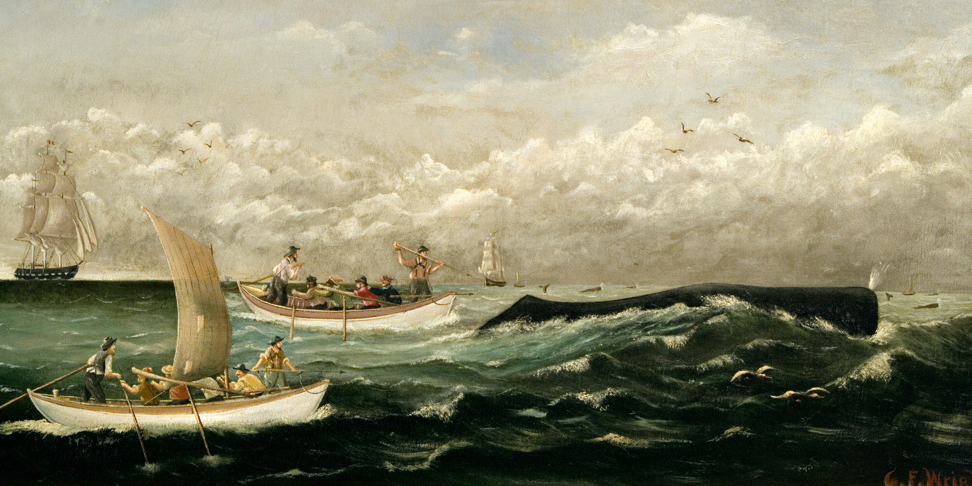 DBJ1FN New Bedford / NB Whaling National Historic Park - 'Sperm Whaling - The Chase' by CF Wright [1885]